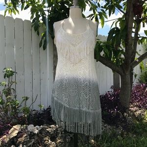 Free People Cream / Grey Ombre Fringe Mini Dress